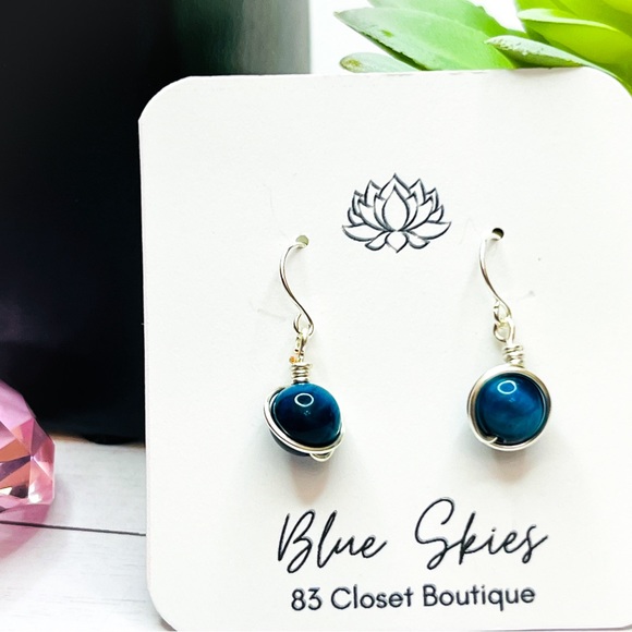 Blue Green Tigers Eye Silver Wire Wrapped Earring with Sterling Silver Hooks - Picture 2 of 4